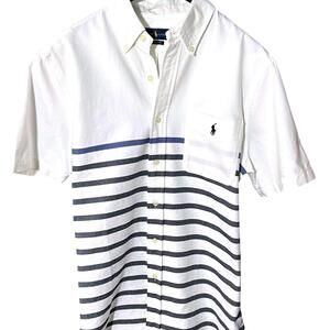 RALPH LAUREN® Mens M White/Blue Horizontal Striped 100% Cotton Oxford S/S Shirt